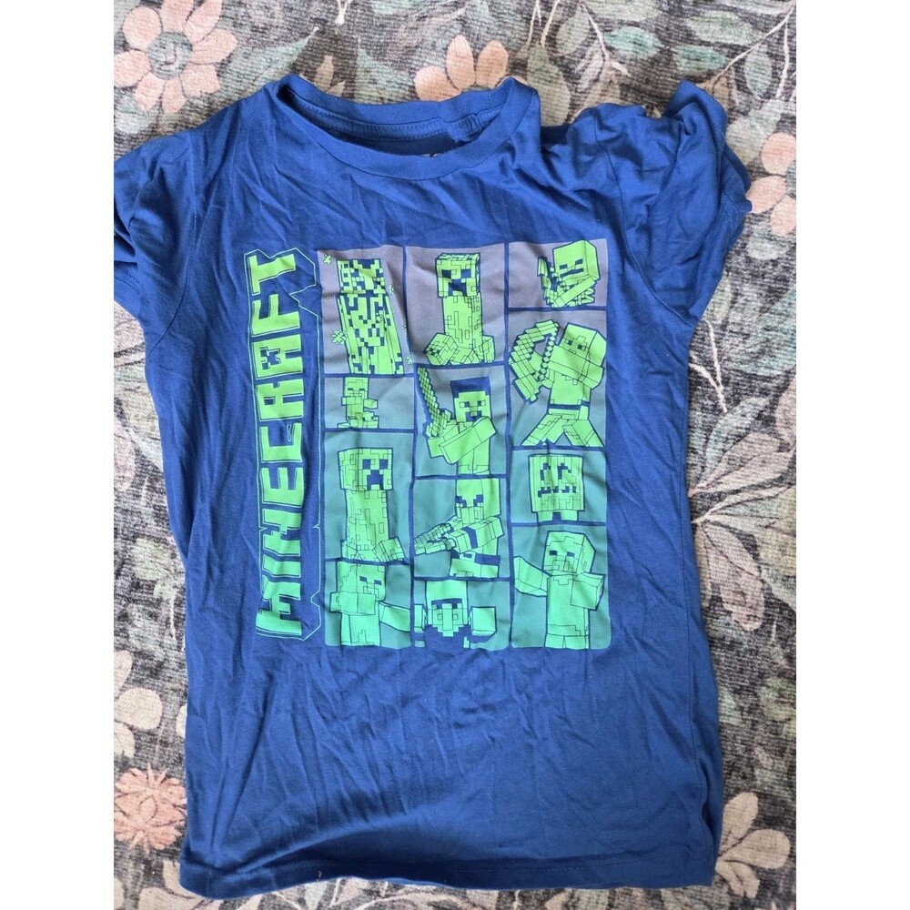 Mojang Boys XL 14/16 Blue Minecraft Steve Creeper Graphic Crew Neck T-Shirt